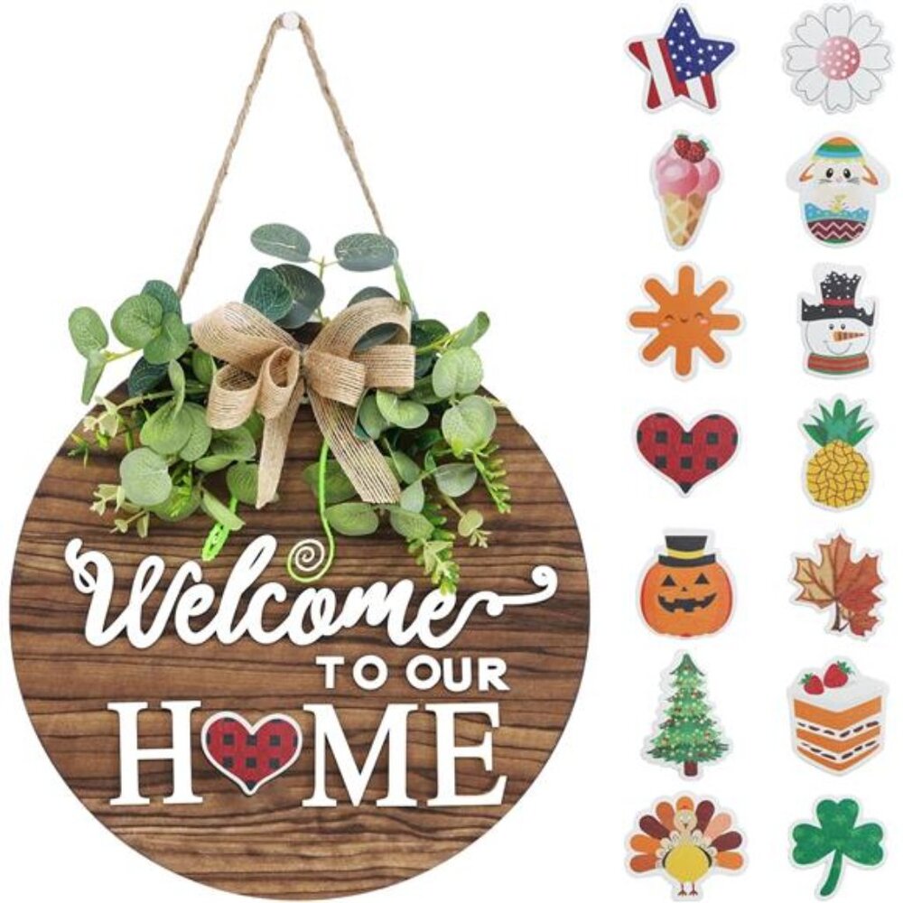 Interchangeable Seasonal Welcome Sign Front Door Decoration, Rustic Round Wood